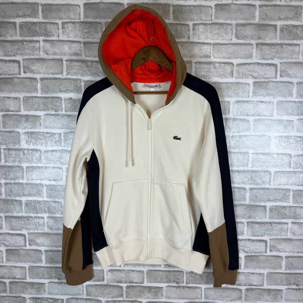 Lacoste Mens Colorblock Zip Up Hoodie Cream Navy Brown Orange SH2098 Size S